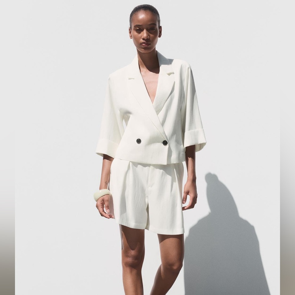 ZARA white cropped double breasted blazer NWT